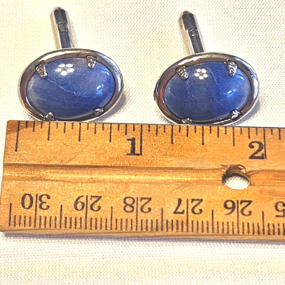Vintage Oval-shaped, Silver-plated Blue Kyanite Cufflinks, and Matching Tie Clip